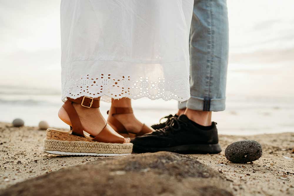 Close up of a couple's feet on the beach