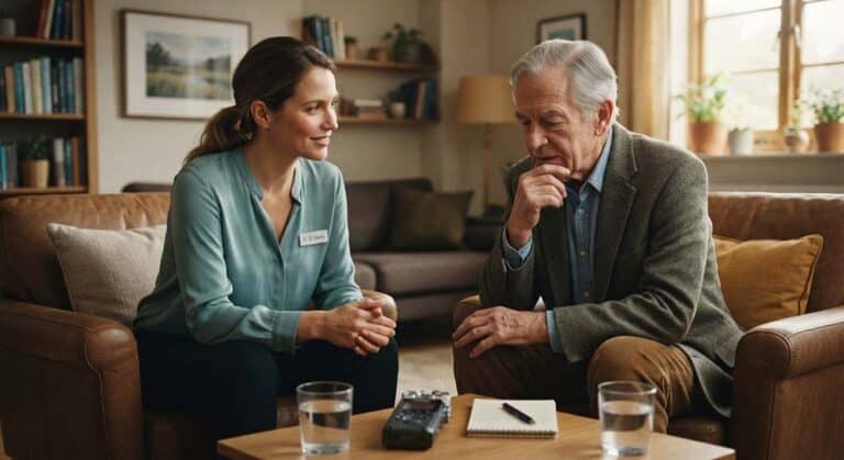 Therapist listening to an older man in a cozy office.